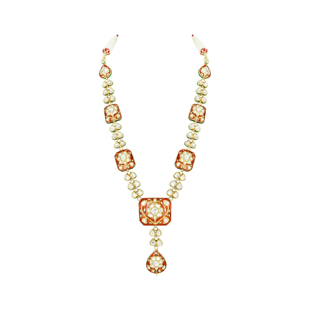 Polki Necklace with Red Enamel and Drop Pendant